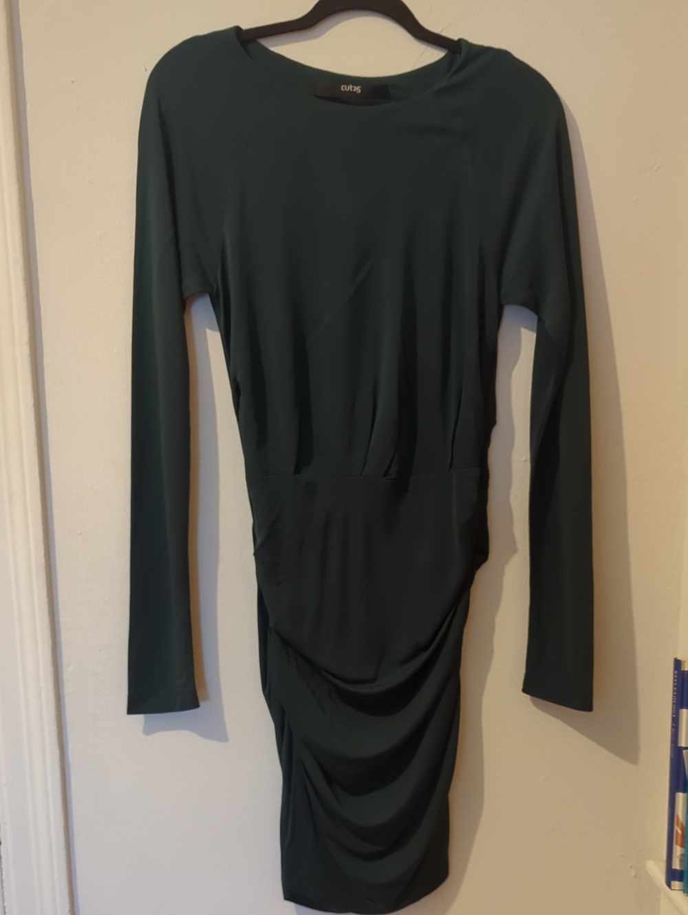 Dark Green Long-Sleeve Ruched Midi Dress Size M